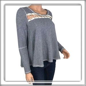 FREE PEOPLE Lacey Love Pullover Stripe Rope Lace Up Swing Blue White Top Size XS